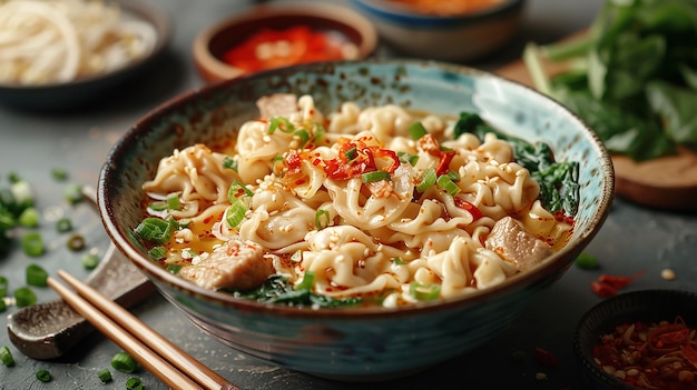 a bowl of noodles with meat and vegetables on it