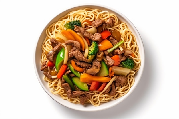 a bowl of noodles with meat and vegetables