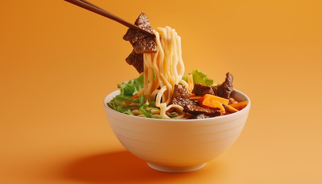 a bowl of noodles with noodles and carrots on a table