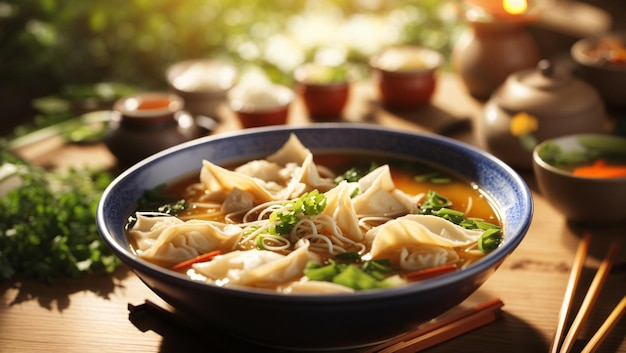 a bowl of noodles with noodles and vegetables on a table