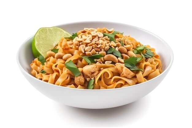 A bowl of noodles with peanut sauce and limes on a white background.