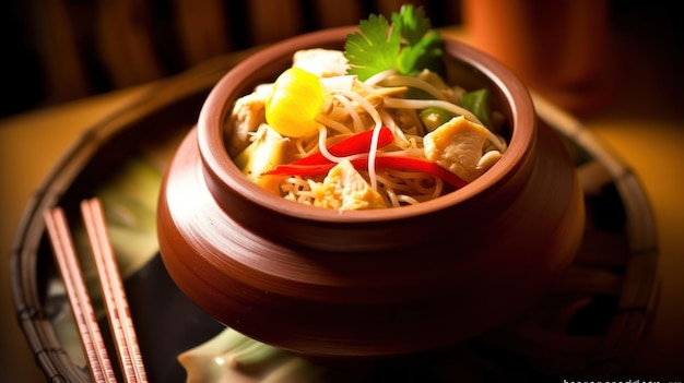 A bowl of noodles with a red sauce and a green leaf on the side.