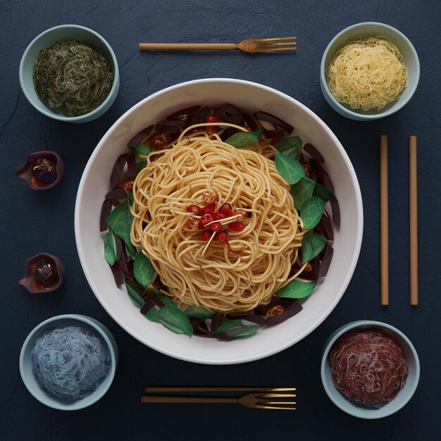 Photo a bowl of noodles with a red strawberries on the top