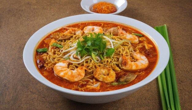 a bowl of noodles with shrimp and noodles on it