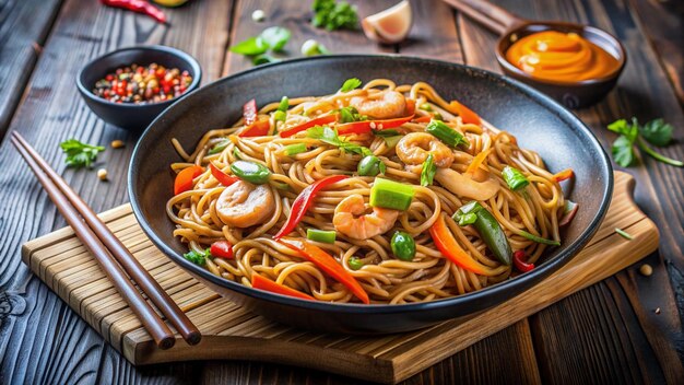 a bowl of noodles with shrimp and vegetables and a spoon