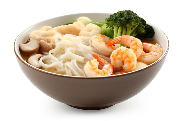 A bowl of noodles with shrimps and broccoli