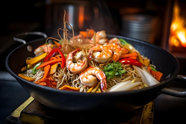 A bowl of noodles with shrimps and vegetables