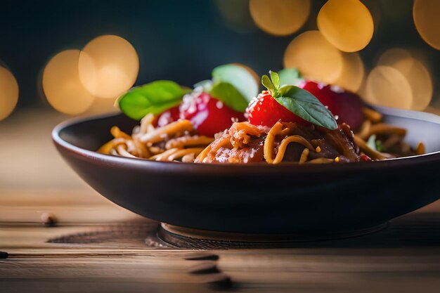 Photo a bowl of noodles with strawberries and strawberries on a wooden table