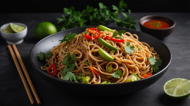 a bowl of noodles with vegetables and a bowl of sauce