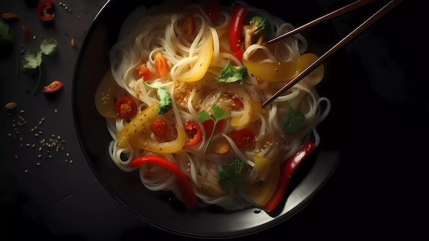 A bowl of noodles with vegetables and a bowl of sauce