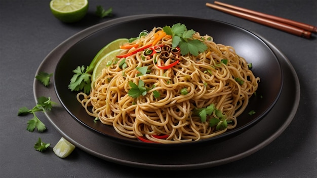 a bowl of noodles with vegetables and a chopstick on the table