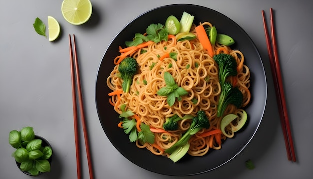 Photo a bowl of noodles with vegetables and chopsticks on it