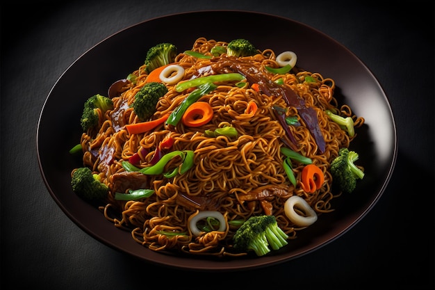 A bowl of noodles with vegetables and meat on a black background.