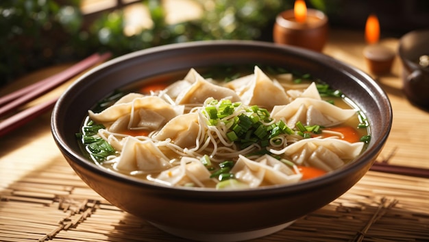 Photo a bowl of noodles with vegetables and noodles on a table