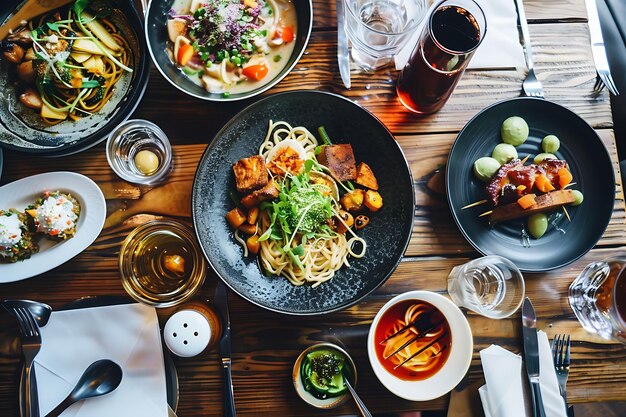 Bowl of noodles with vegetables and other asian food