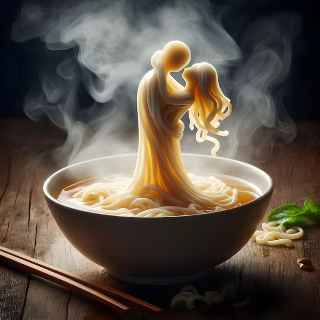 Photo a bowl of noodles with a woman on the back and a spoon in the middle of it