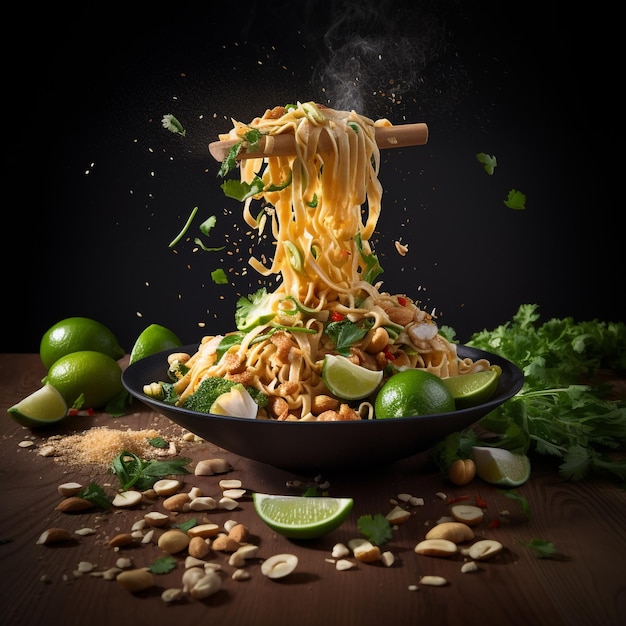 A bowl of noodles with a wooden stick that says " thai food ".