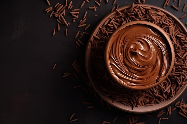 A bowl of nutella sits on a plate with chocolate shavings on it.