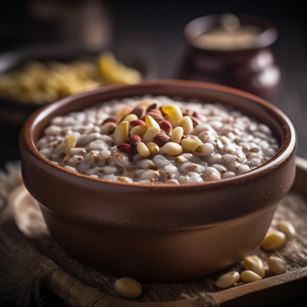 A bowl of nutmeg porridge with nuts on top