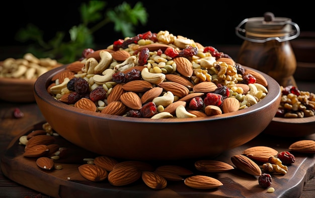 A bowl of nuts and almonds with a black background