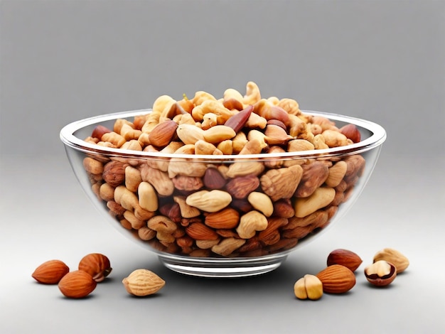 a bowl of nuts and almonds with a glass bowl on it