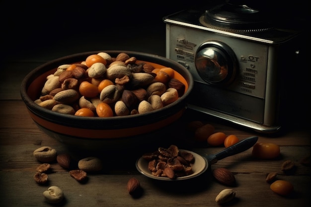 A bowl of nuts and a bowl of nuts next to a blender.