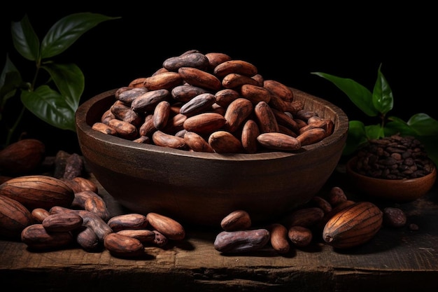 a bowl of nuts including almonds and leaves.