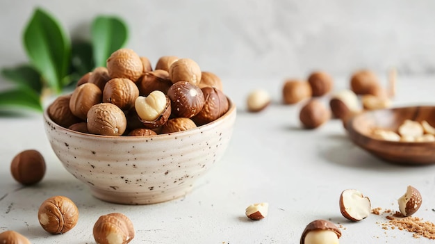 Photo a bowl of nuts including walnuts and a leaf