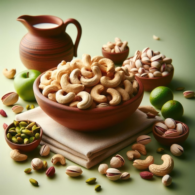 a bowl of nuts isolated green