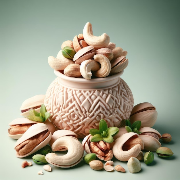 a bowl of nuts isolated green