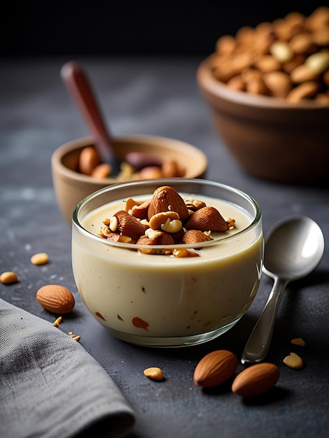 a bowl of nuts with almonds and almonds on a table