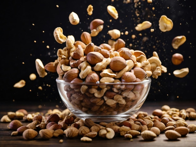 A bowl of nuts with a black background with a background of nuts in the background Ai generated