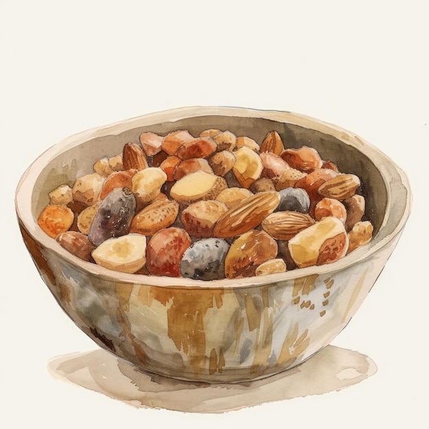 a bowl of nuts with a drawing of a almond in it