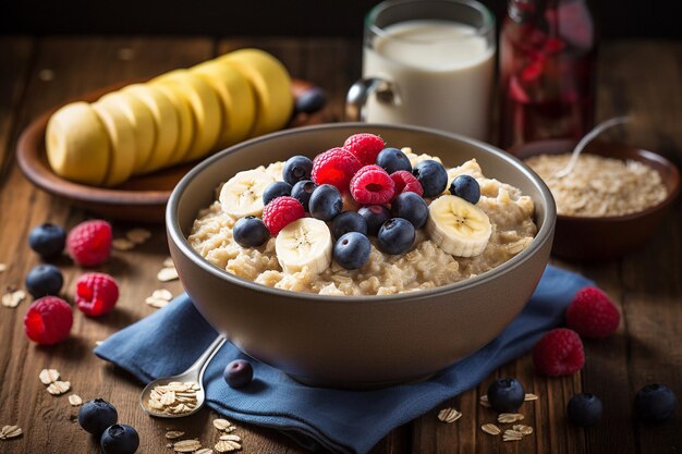 A bowl of oatmeal with bananas and blueberries