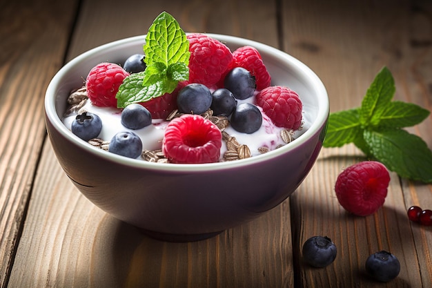 A bowl of oatmeal with berries and milk on a wooden table.