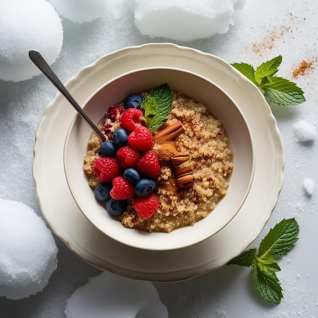 Photo a bowl of oatmeal with berries and strawberries