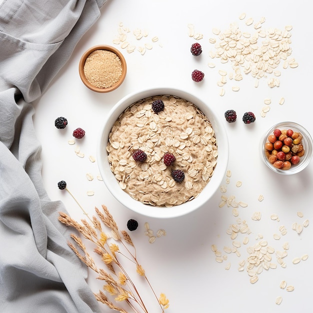 Photo a bowl of oatmeal with cereal and berries on a table