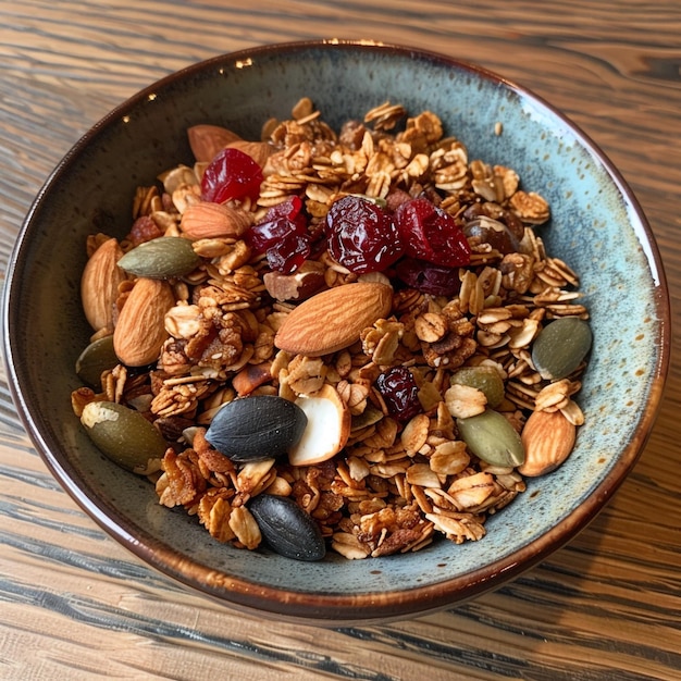 a bowl of oatmeal with raisins and raisins on a wooden table