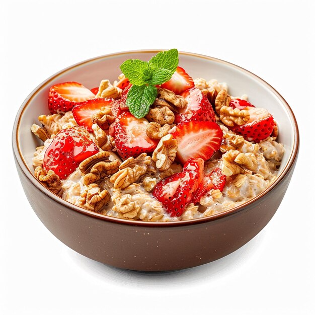 A bowl of oatmeal with strawberries and walnuts