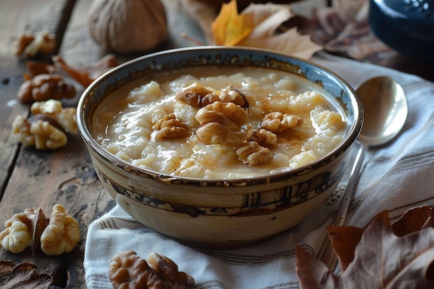 A bowl of oatmeal with walnuts on the side