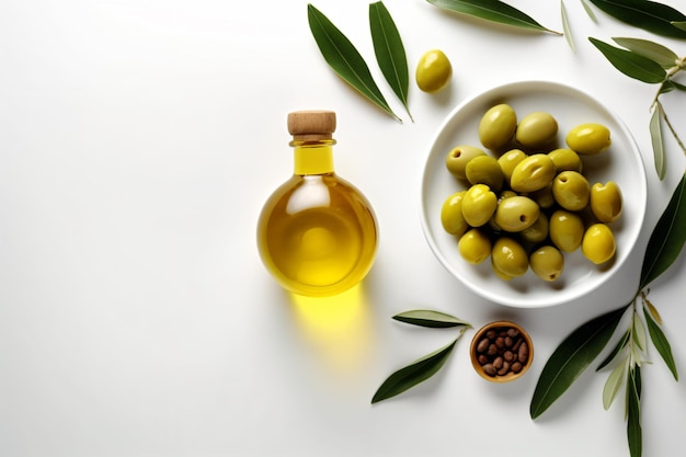 a bowl of olives and a bottle of olive oil