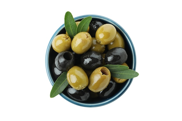 Bowl of olives isolated on white background