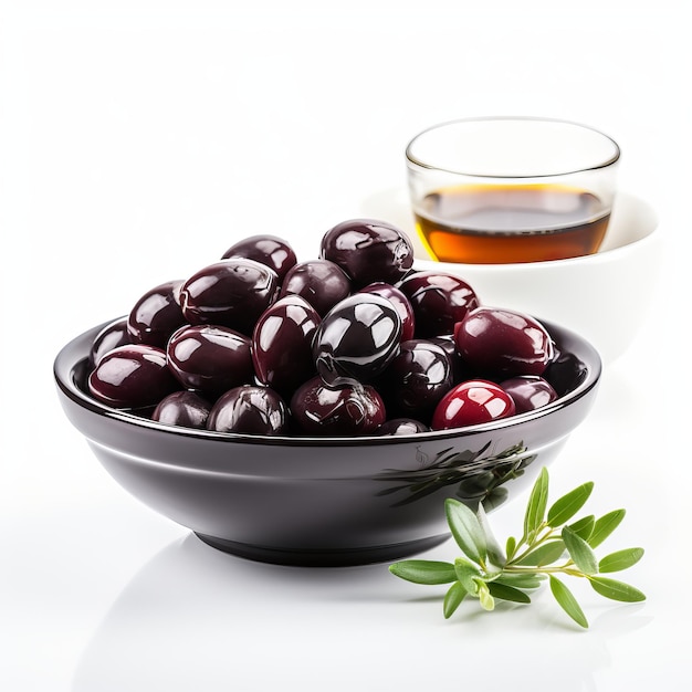 Photo a bowl of olives with a glass of liquid next to it