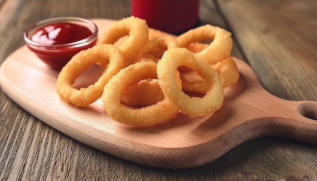 a bowl of onion rings is on a wooden cutting board