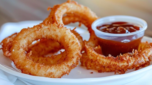 Photo a bowl of onion rings with a dipping sauce in it