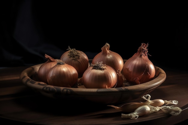 A bowl of onions sits on a table with a string tied to it.