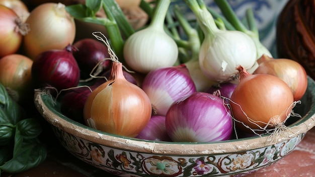 a bowl of onions with a green and purple design on the bottom