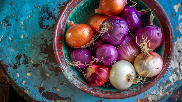 a bowl of onions with a green rim and a red one with the word onion on it