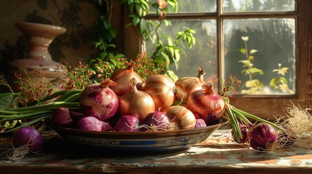 a bowl of onions with onions on a table