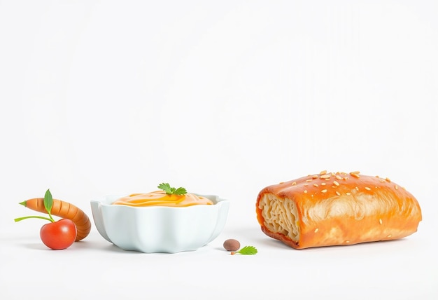 Photo a bowl of orange sauce with a pretzel a carrot and a cherry on a white background